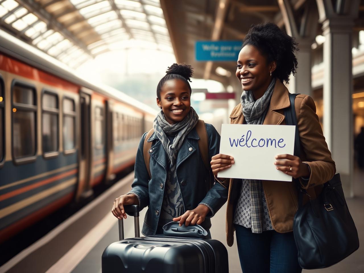 Une référente accueille une nouvelle arrivante à la gare